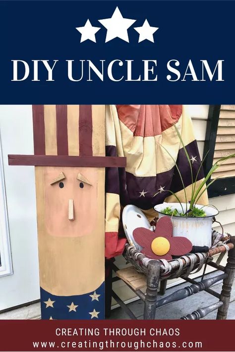 Uncle Sam Porch Sitter | Hometalk Diy Outdoor Candle Holders, Garden Signs Diy, Porch Sitters, Patriotic Door Wreath, Mason Jar Sign, Outdoor Candle Holders, Americana Crafts, 4th July Crafts, Fence Boards