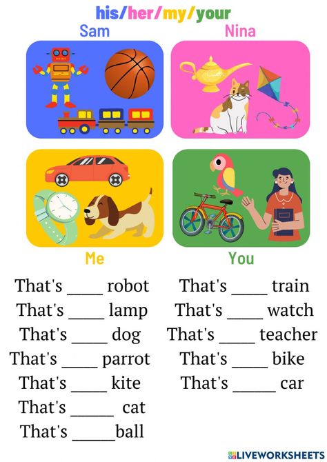 I Can Worksheet For Kids, My Your His Her Worksheet, My Your Worksheet, Am Is Are Worksheets For Kids, Possessive Pronouns Worksheet, Worksheets For Kids English, Teach English To Kids, English For Kids, Cvc Words Kindergarten