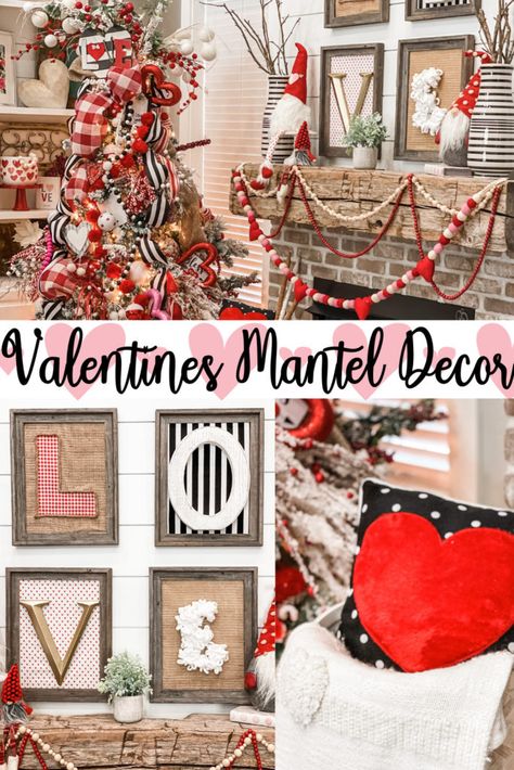 Valentines Mantel, Over Fireplace Decor, Valentine Mantle Decor, Black Hearth, Farmhouse Mantle Decor, Tv Wall Decor Ideas, Painted Brick Fireplaces, Black Fireplace, Valentine Tree