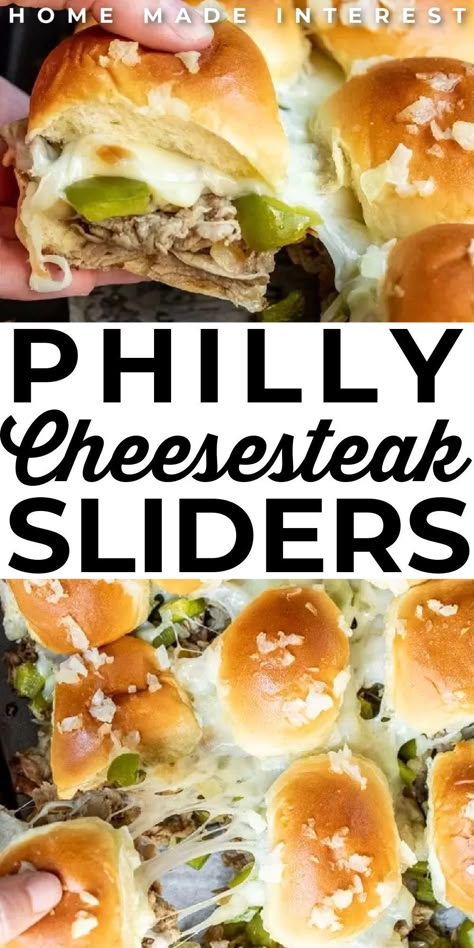 Cheese Steak Sliders, Baked Sliders, March Madness Food, Steak Sliders, Philly Cheesesteak Sliders, Easy Slider Recipes, Dinner Noodles, Cheesesteak Sliders, Philly Cheese Steak Sliders