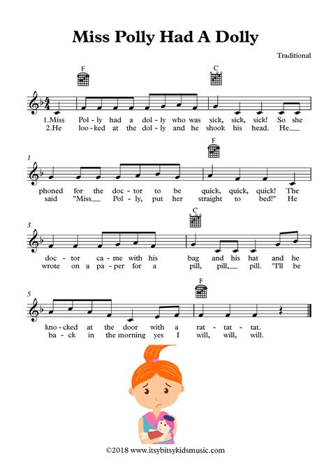 Miss Polly Had A Dolly Sheet Music With Chords And Lyrics Doctor To Be, Miss Polly Had A Dolly, Piano Songs For Beginners, Nursery Rhymes Lyrics, Kindergarten Songs, Songs For Toddlers, Nursery Songs, School Songs, Silly Songs