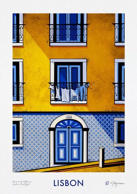 Giclee art print of a traditional old tiled house with washing hanging from the balconyin AlfamaLisbonPortugalThe art is bright and vibrantthe main colors are yellow and blueThe image is bright and colorfulThe print comes in 4 sizes. Lisbon Art Print, Lisbon Color Palette, Portuguese Buildings, Lisbon Illustration, Tiled House, Portugal Restaurant, Lisbon Print, Portuguese Decor, Portugal Painting