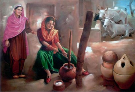 Shivaji Maharaj Painting, Punjab Culture, Punjabi Culture, Composition Painting, Rain Painting, Scene Drawing, Village Life, Love Painting, Woman Painting