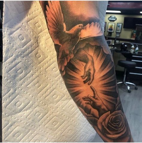 Rose On Bicep Tattoo, Angel Tattoo Inner Bicep, Dove Inner Bicep Tattoo, Inner Bicep Rose Tattoo, Dove Arm Tattoo Men, Swing Tattoo, Remembrance Tattoos, Phoenix Tattoo, Tattoos For Guys