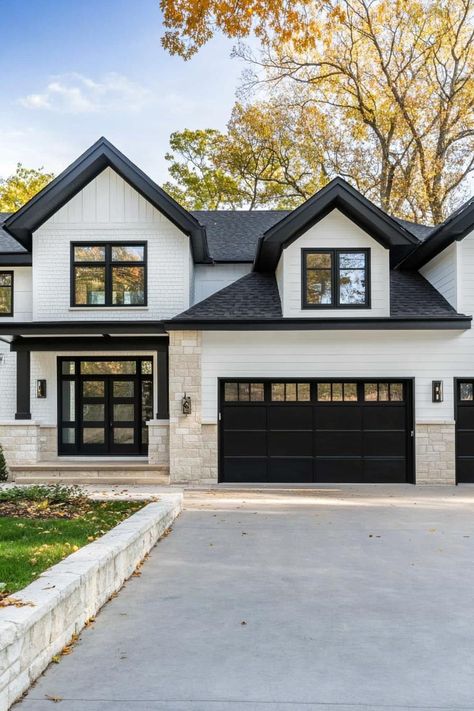 White Exterior House With Black Shutters, White Brick Transitional Exterior, White Brick Black Trim House, Black White Brick House, White Siding Black Windows Cedar Accents, Repainted House Exterior, Modern White House Black Windows, Brick Home Update Exterior, White Stucco With Black Windows