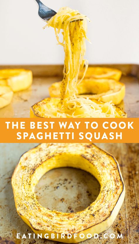 Here's how to cook spaghetti squash if you want long pasta-like strands and spaghetti squash that isn't watery! Just cut the squash widthwise, into rings and roast it. #spaghettisquash #lowcarb #eatingbirdfood Spaghetti Squash Spaghetti, Squash Spaghetti, Cook Spaghetti Squash, Cooking Spaghetti Squash, Courge Spaghetti, Spaghetti Squash Recipes, Buffalo Cauliflower, Squash Recipes, Spaghetti Squash