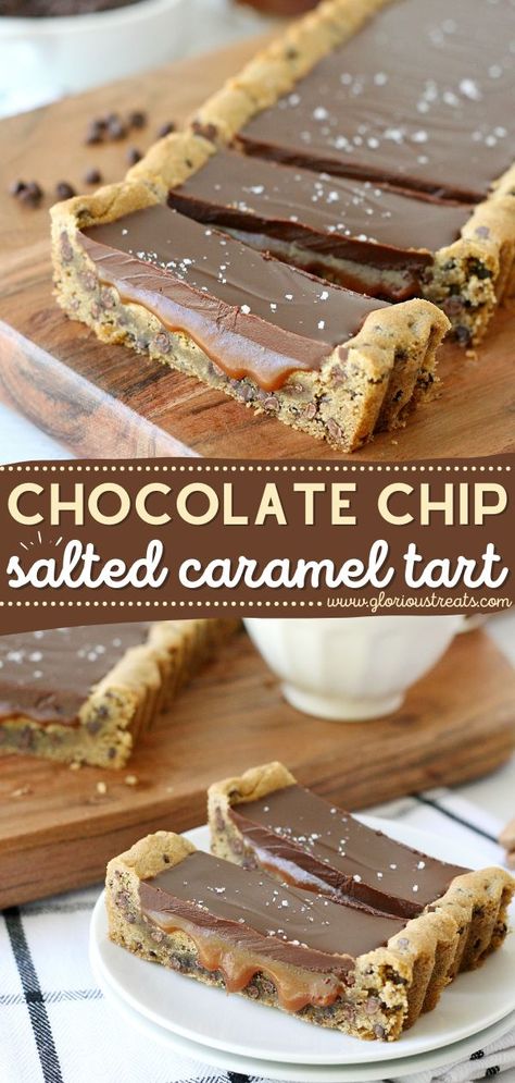 Chocolate Chip Salted Caramel Tart, chocolate dessert recipes, easy to make sweet treats Fun Homemade Desserts, Salted Caramel Chocolate Dessert, Chocolate Chip Tart, Desserts With Chocolate And Caramel, Recipes With Salted Caramel Chips, Fun Desserts For A Party, Baking Recipes Caramel, Fall Dessert Bar Recipes, Chocolate Chip Cookie Desserts Ideas