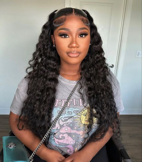 Deep Wave With Two Ponytails, Two Ponytail Deep Wave Wig, Deep Wave Wig Ponytail, Deep Wave Two Ponytails, Curly Hairstyles Wig Install, Deep Wave 2 Ponytails, Loose Wave Half Up Half Down Weave, Deep Wave Styles Frontal Wig, Deep Wave Install