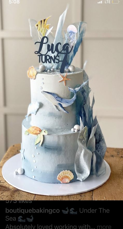 One Der The Sea First Birthday Boy, Ocean Theme Cake, Ocean Invitation, Under The Sea Birthday Cake, First Birthday Decorations Boy, Whale Cake, Whale Birthday Parties, Sea Invitation, One Tier Cake