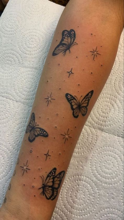 Butterfly Theme Sleeve Tattoo, Mini Sleeve Tattoo Women, Butterfly Around Arm Tattoo, Sparkly Butterfly Tattoo, Butterfly Tattoos Black Women, Sibling Butterfly Tattoos, Butterfly Filler Tattoo, Butterfly And Sparkle Tattoo, Tattoo Ideas Female Nature