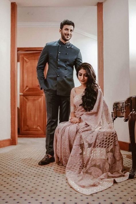 Saree Couple Photoshoot, Christian Wedding Poses, Hairstyle Engagement, Saree Couple, Men Wedding Sherwani, Engagement Dress For Groom, Kerala Christian Wedding, Mandap Seating, Beach Mandap