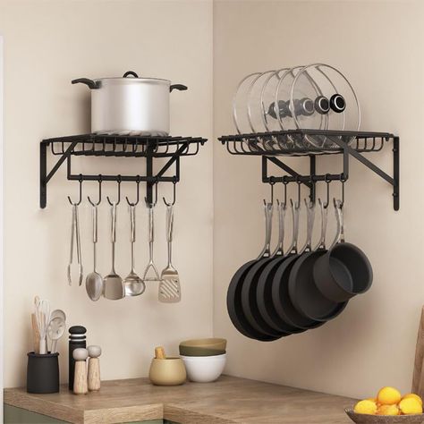 PRICES MAY VARY. 【2 Piece Set Upgraded Hooks】 Our pot lid rack is 2pcs as a set, total with 12 moveable hanging hooks. 17 inches long X 12.5 inches wide X 7 inches high. There is enough storage place for even the most enthusiastic culinary lovers, you could fit a lot of stuff on it! 【Strong Construction & Multi-function】Thick wrought- iron will not get out of shape when holding heavy weight cookwares, advantage paint-coat ensures a 100% rustproof as well as resist daily scrapes. Besides kitchen Baking Pans Storage, Goth Kitchen, Pan Storage, Pot Racks, Pot Rack Hanging, Storage Place, Kitchen Corner, Storage Places, Kitchen Upgrades