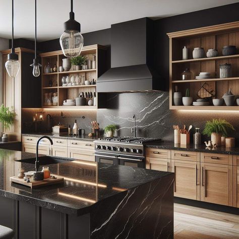 Light Wood Cabinets Black Countertops, Taupe Kitchen Black Counter, Black Marble And Wood Kitchen, Dark Kitchen Aesthetic, Black Ikea Kitchen, Kitchen Cabinets With Black Appliances, Kombuis Idees, Masculine Kitchen, Florida Retirement