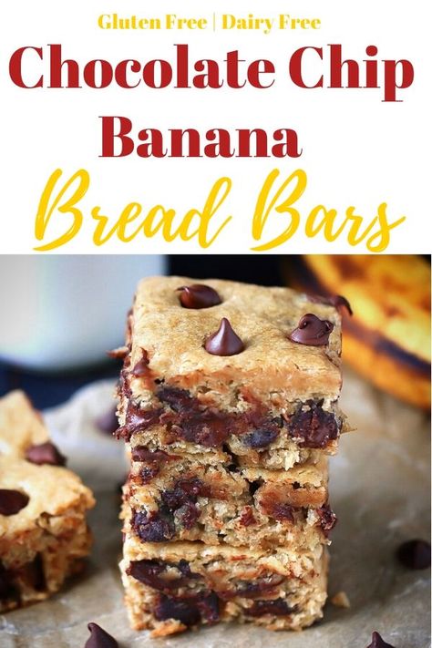 Chocolate Chip Banana Bread Bars are a simple and moist gluten free banana bars recipe. With a dairy free option these banana bread bars are an easy to make dessert or breakfast. The best banana bars on pinterest! ;) #bananabars #chocolatechipbars #glutenfree #bananabread #glutenfreebananabread Gluten Free Banana Bars, Chocolate Chip Banana Bars, Gluten Free Banana Recipes, Gf Chocolate Chip Banana Bread, Healthy Banana Chocolate Chip Bars, Gluten Free Banana Chocolate Chip Oatmeal Breakfast Bars, Banana Bread With Choc Chips, Banana Chocolate Chip Bars, Banana Recipes Easy