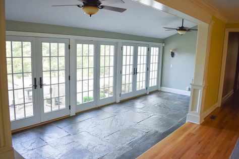 Colorful Playroom Decor - At Charlotte's House Sunroom Playroom Ideas, Garage Adu, Sunroom Playroom, Big Couch, Yellow Slippers, Colorful Playroom, Narrow Rooms, Acrylic Coffee Table, Blue Couches