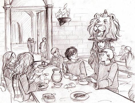 And a Lion Roars in the Great Hall by Marta T. Classe Harry Potter, Harry Potter Art Drawings, Harry And Ginny, Harry Potter Illustrations, Ron And Hermione, Harry Potter Drawings, Harry Potter Films, Harry Potter Love, Harry Potter Fan Art