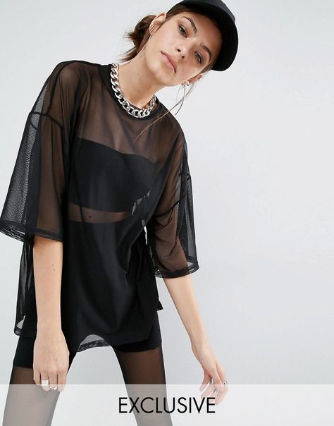 Image 1 of Bones Sheer Mesh Oversized Boxy T-Shirt Transparent Shirt Outfit, Mesh Shirt Outfit, Top Photoshoot, Mesh Top Outfit, Outfit Rave, Baggy Tops, Mesh Fashion, Mesh T Shirt, Mesh Shirt