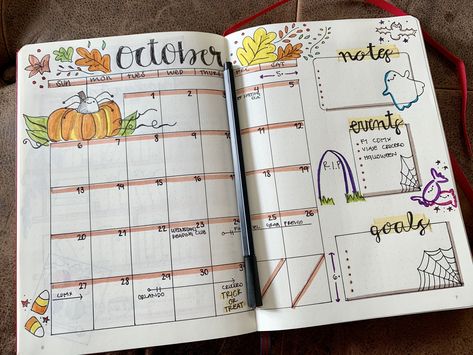 Bullet Journal Monthly Spread October Monthly Spread, Bullet Journal Monthly, Bullet Journal Monthly Spread, Bujo Ideas, Journal Inspo, Bullet Journal