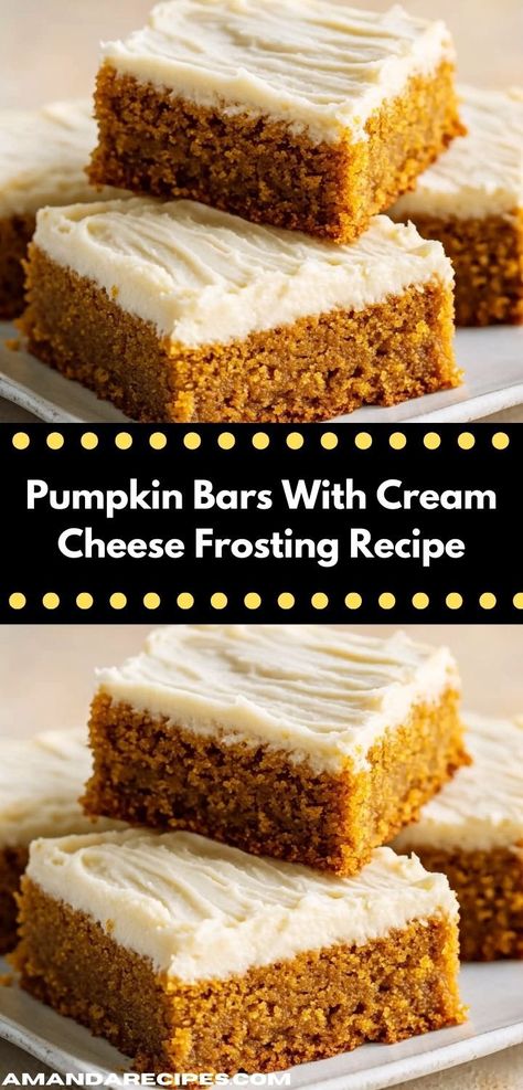 Craving a delightful dessert? These Pumpkin Bars with Cream Cheese Frosting are the perfect treat for autumn. Easy to prepare, they combine warm spices and creamy frosting, making them a family favorite. Easy Pumpkin Bars, Pumpkin Bars With Cream Cheese, Bars With Cream Cheese Frosting, Bars With Cream Cheese, Cheese Frosting Recipe, Pumpkin Pie Bars, Cream Cheese Frosting Recipe, Pumpkin Bars, Frosting Recipe