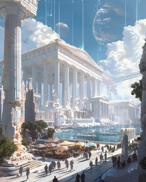 Chris | The promenade. A futuristic shopping district with elements from Ancient Greece . #futuristicarchitecture #futurecity #futurecities… | Instagram Greek Fantasy Art, Scifi Architecture, Fantasy Future, Greece Landscape, Scifi Artwork, Kingdom Art, Neural Pathways, Sci Fi Architecture, Shopping District