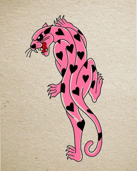 American Traditional Panther With Hearts, Panther Tattoo Traditional, Pink Panther Tattoo, American Traditional Panther, Puma Tattoo, Traditional Panther, Panther Tattoo, Pink Pumas, Tattoo Traditional