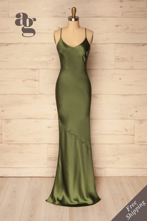 Slim Green Dress, Matcha Green Prom Dress, Olive Green Floor Length Dress, Prom Dresses Simple Elegant Classy, Funky Prom Dress, Army Green Prom Dress, Green Long Dress Outfit, Long Green Silk Dress, Green Silk Prom Dress