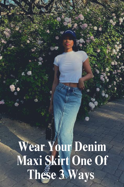 Maxi Denim Skirt Outfit, Long Denim Skirt Outfits, Skirt Outfits For Women, Denim Skirts For Women, Fashion Dresses For Women, Denim On Denim Looks, Denim Skirt Fashion, Skirt Styles, A Line Denim Skirt