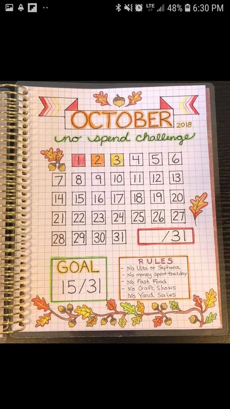 Spending Journal Ideas, No Spend Journal Page, October No Spend Challenge, Bullet Journal No Spend, Adulting Journal, Adulting Planner, Bullet Journal Mental Health, 2024 Journal, Saving Money Chart