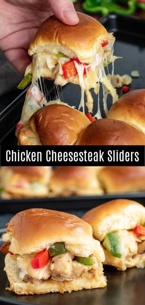 AD: Chicken Cheesesteak Sliders are an easy game day recipe or weeknight dinner idea for families. Tender chicken, colorful peppers, and melted provolone cheese, all sandwiched between soft slider buns. These baked sliders are perfect for feeding a hungry crowd. @tysonbrand #chicken #cheesesteak #appetizer #gameday #homemadeinterest Chicken Cheesesteak Sliders, Baked Sliders, Chicken Cheesesteak, Chicken Peppers, Cheesesteak Sliders, Roast Beef Sandwich, Bowl Party Food, Sandwich Bar, Diner Recept