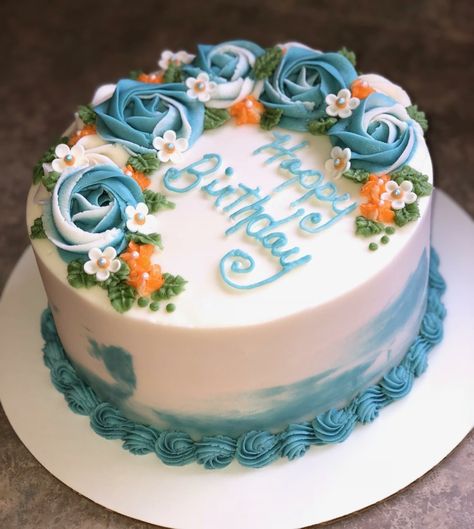 Blue And Orange Cake Ideas, Blue Flower Cake Birthday, Blue And White Cake Birthdays, Blue Cakes For Girls Birthday, Blue Birthday Cakes For Women, Blue Cake Designs Birthday, Blue And Orange Cake, Blue Cake Ideas Birthday, Orange Cake Design