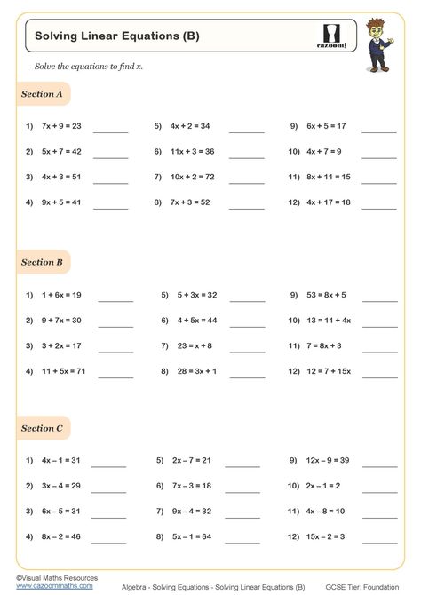 Solving Linear Equations (B) Worksheet | Printable PDF Worksheets Solving Linear Equations Worksheet, Quadratic Equations Worksheets, Ks3 Maths Worksheets, Year 7 Maths Worksheets, Year 7 Maths, Linear Equations Worksheet, Algebra Equations Worksheets, Equations Worksheets, 7th Grade Math Worksheets