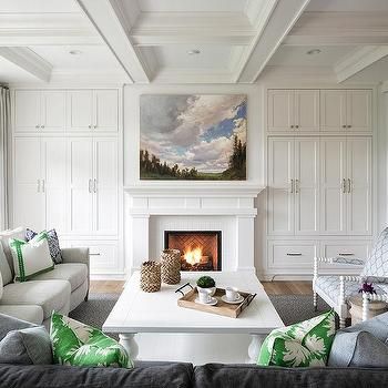 Floor To Ceiling Tv Built Ins Design Ideas White Fireplace Mantels, White Brick Fireplace, Shingle Style Homes, Fireplace Built Ins, White Fireplace, Hearth Room, Bookshelf Design, Transitional Living, Transitional Living Rooms