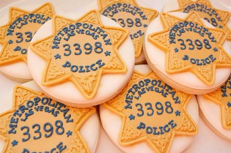 Sheriff Badge Cookies~                     No source, sheriff star, Orange Sheriff Cookies, Police Cakes, Star Sugar Cookies, Sheriff Star, Cookie Images, Sheriff Badge, Cookie Business, Retirement Party, Retirement Parties