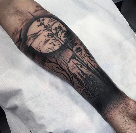 Mens Forearm Tree Sleeve With Moon Tree Sleeve Tattoo, Tattoo Guide, Inner Arm Tattoos, Tatuagem Masculina Pequena, Forearm Sleeve, Cool Arm Tattoos, Forest Tattoos, Back Of Shoulder Tattoo, E Tattoo