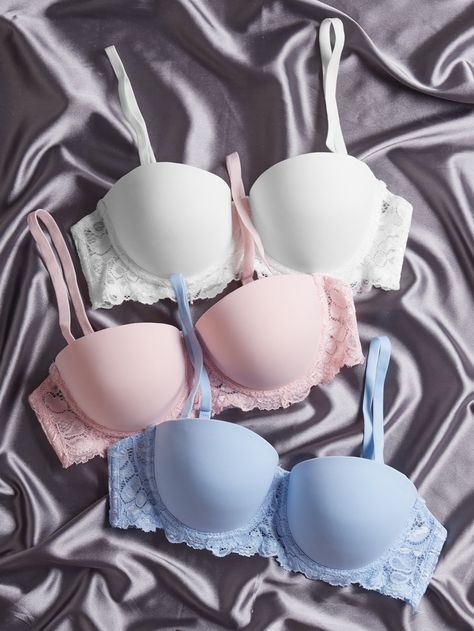 Multicolor Romantic   Nylon Plain Sets Embellished Medium Stretch  Women Intimates Bras And Panties Set, Push-up Bra, Cute Bras Push Up, Cute Bras Aesthetic, Undergarment Fashion, Bra Organization, Push Bra, Cute Bra, Women Bras