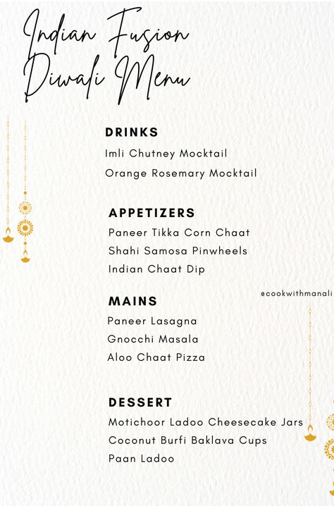 Diwali Dinner Menu (Indian Fusion & Traditional) - Cook With Manali Menu Indian Restaurant, Indian Wedding Dinner Menu Ideas, Diwali Menu Design, Indian Fusion Food Ideas, Diwali Menu Ideas, Indian Wedding Menu Ideas, Diwali Dinner Menu Ideas, Indian Dinner Party Menu Ideas, Indian Dishes Vegetarian