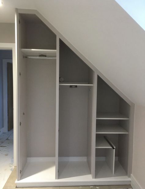 Wardrobe Under Stairs, Design Under Stairs, Sloped Ceiling Bedroom, Loft Conversion Bedroom, Closet Under Stairs, تحت الدرج, Attic Bedroom Storage, Garage Guest House, Bedroom Built In Wardrobe