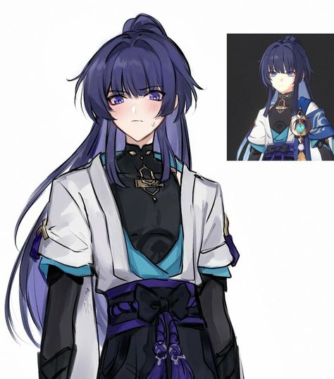 Scaramouche With Long Hair, Scaramouche Long Hair, Pom Pom Clothes, Scaramouche Wanderer, Blue Cape, Purple Belt, Really Cool Drawings, Wanderer Art, I Still Love Him