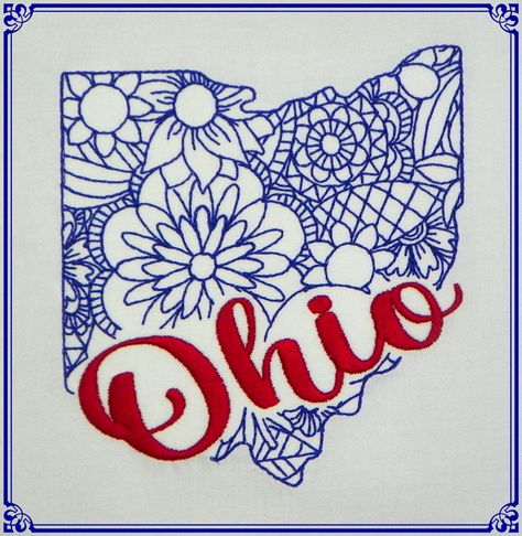 "State-Map-Ohio-with-Name-5x7-CR-CF-NLS (1 Machine Embroidery Design) Artwork by Creative Fabrica CF) THIS IS AN INSTANT DIGITAL DOWNLOAD FILE Designs fit a 5X7 hoop. Designs come in PES, DST, HUS, EXP AND JEF formats. This item is a digital file used by an embroidery machine.  It is a digital download, not a physical product.  THIS IS NOT A PATCH.  This design is meant to be used on an embroidery machine.  You must have an embroidery machine and a way to transfer files to your machine to use these designs.   You can instantly download your order after purchase.  After payment is complete you will receive an email from ETSY confirming your purchase and with a download link.  You can also access your downloads by going to \"my accounts\" then \"purchase\" and click on the download button. D Ohio State Svg, Cricut Ohio State Svg, Ohio Embroidery, Ohio Shirt Designs, Ohio State Vinyl Shirt, State Map, Star Stitch, Machine Embroidery Designs, Ohio