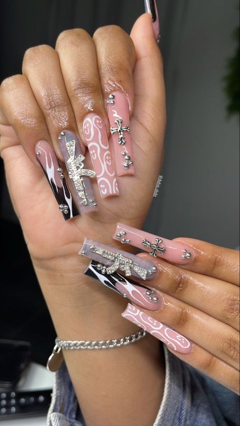 Xl Nails With Charms, Xl Nail Ideas, Nails With Charms, Nails Long Square, Xl Nails, 19th Bday, Fye Nails, Nails Unique, Dope Nail Designs