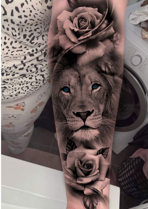 Lion With Roses Tattoo For Women, Lion Upper Arm Tattoos For Women, Female Leg Tattoo Ideas, Lions Tattoo For Women, Lion Tattoo For Women Forearm, Lion Tattoo For Women Back, Lion Tattoo For Women Thighs, Lion With Flowers Tattoo For Women, Lion Woman Tattoo