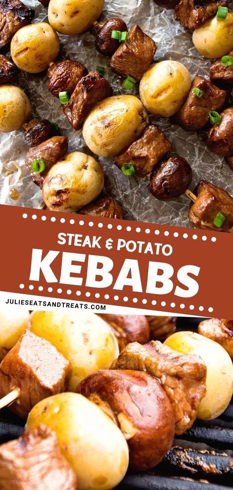 Steak Kebabs, Fruit Kebabs, Steak Potatoes, Kebabs On The Grill, Gold Potatoes, Kabob Recipes, Button Mushrooms, Yukon Gold, Kebab Recipes