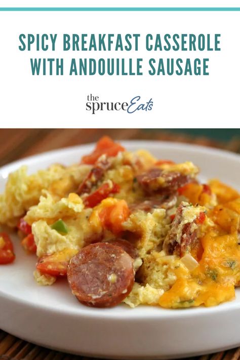 Spicy andouille sausage and Creole seasoning jazz up this flavorful breakfast casserole. Serve this casserole with fruit for a great morning meal. Andouille Sausage Recipes Breakfast, Andouille Sausage And Eggs, Cajun Breakfast Casserole, Cajun Breakfast, Easy Breakfast Bowls, Cajun Recipes Easy, Breakfast Egg Casserole Recipes, Sausage Egg Bake, Andouille Sausage Recipes