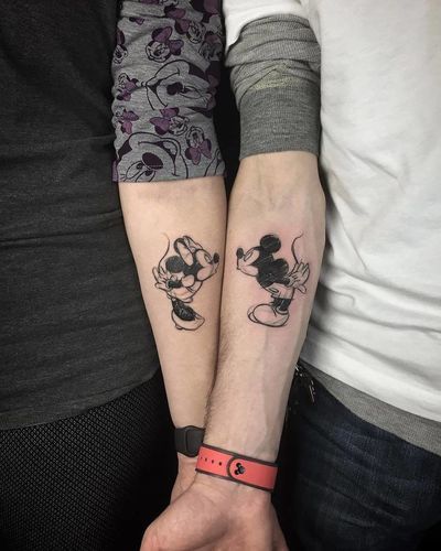 Minnie and Mickey have been together for a VERY long time > hopefully you will too! Minnie Mouse Tattoos, Husband And Wife Tattoos Unique, Disney Couple Tattoos, Mickey And Minnie Tattoos, Minnie Tattoo, Mickey Tattoo, Him And Her Tattoos, Infinity Couple Tattoos, Partner Tattoos