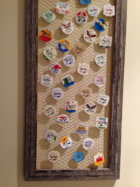 40 years of Avalon beach badges Display Badges Ideas, Beach Tags Ideas, Beach Badge Display, Beach Tag Display Ideas, Shore House Decor, Beachy House, Seashore Decor, Cape May Beach, Avalon Nj