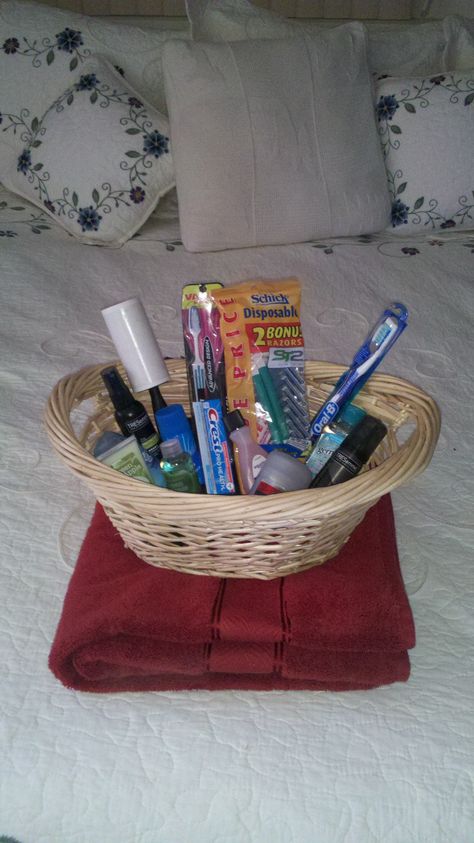 Guest Room Basket - make your guests more comfortable in your home by leaving this basket of essentials along with bath towels in your guest room.  Items to consider:  toothbrushes and toothpaste  razors  shower gel and puffs  lint brush (if you have pets)  hairdryer  shampoo and conditioner  hotel soaps  qtips  tampons/condoms Guest Room Basket, Guest Supplies, Guest Room Baskets, Guess Bedroom, Guests Bedroom, Guest Basket, Room Basket, Mid Century Daybeds, Hotel Soap