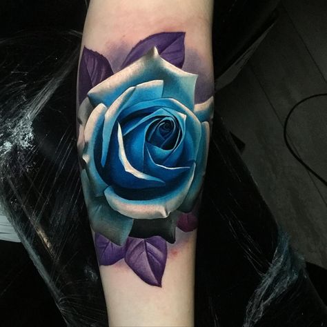 realistic rose tattoos Blue And Purple Rose Tattoo, Rose Tattoo Color, Blue Flower Tattoo, Rose Tattoo Cover Up, Flower Tats, Blue Moon Rose, Blue Flower Tattoos, Purple Rose Tattoos, Single Rose Tattoos