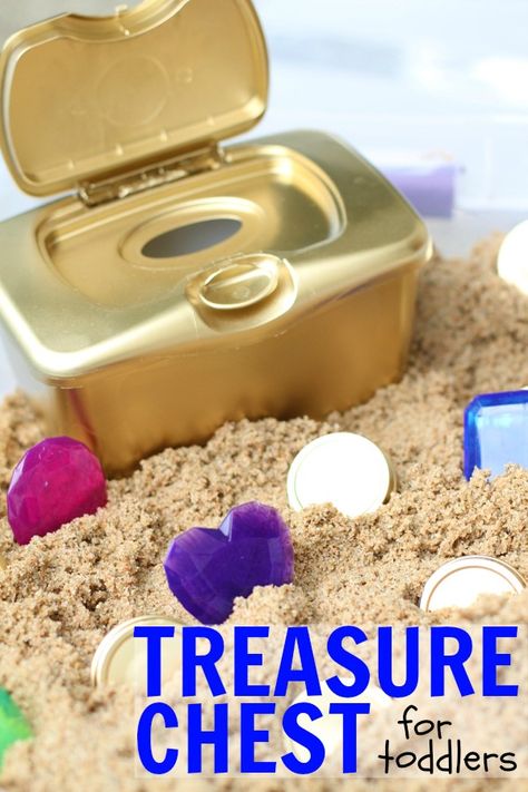 DIY Treasure Chest for Toddlers:  Such a fun sensory activity for toddlers that promotes fine motor control and hand-eye coordination! Diy Treasure Chest, Sensory Activity For Toddlers, Activity For Toddlers, Sensory Activities Toddlers, Sensory Activity, Toddler Summer, Sensory Table, Sensory Bin, Toddler Play