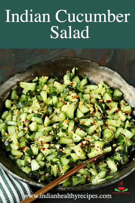 This refreshing Indian Cucumber Salad is the easiest you can make under 15 mins. Indian Cucumber Recipes, Cucumber Salad Indian, Chili Cucumber Salad, Indian Cucumber Salad, Salad Indian, Indian Cucumber, Easy Cucumber Salad, Veggie Mains, Low Calorie Salad