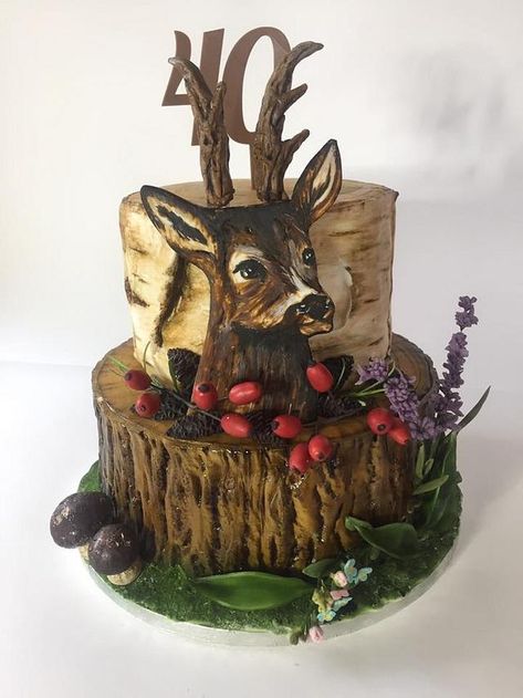 Hunter Cake by Silvia Cabin Birthday, Ambrosia Cake, Pear Pudding, Hunting Birthday Cakes, 40th Birthday Cake For Women, Moose Cake, Stump Cake, Hunting Cake, Deer Cakes